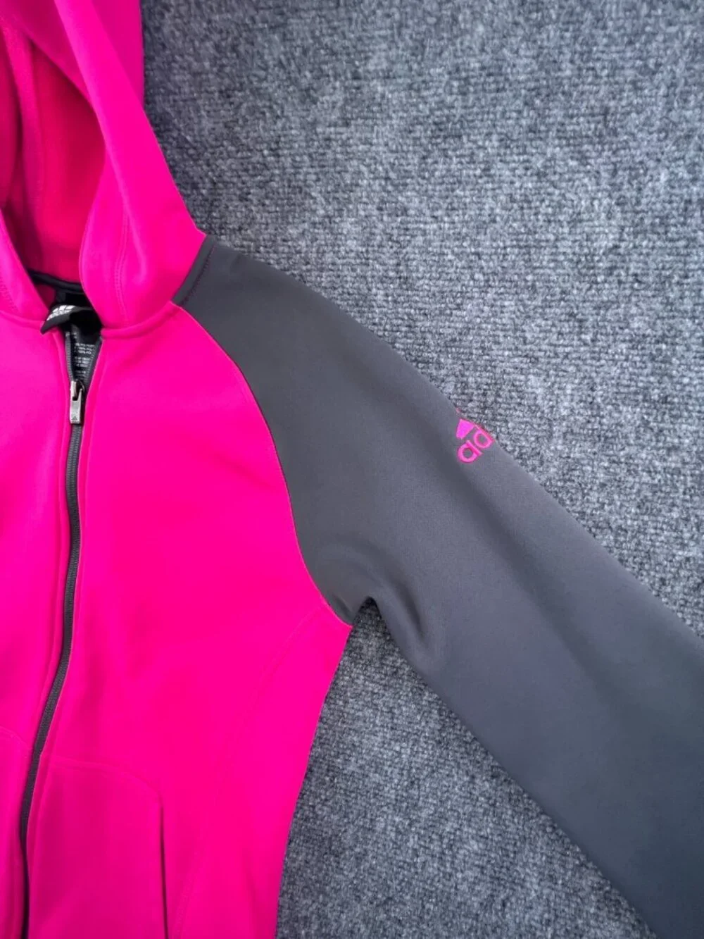 Adidas Girls Jacket 14 Large Gray Pink Hoodie Full Zip w Logo Fleece Inside
